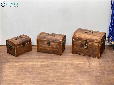 Rương gỗ viền da đinh tán bo nắp [03 Size - Tặng ổ khóa] Cao 14 - 20cm RUONG-GO-05